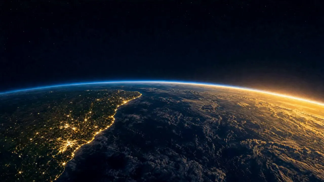 A Terra vista da órbita ao amanhecer, com as luzes da costa brasileira