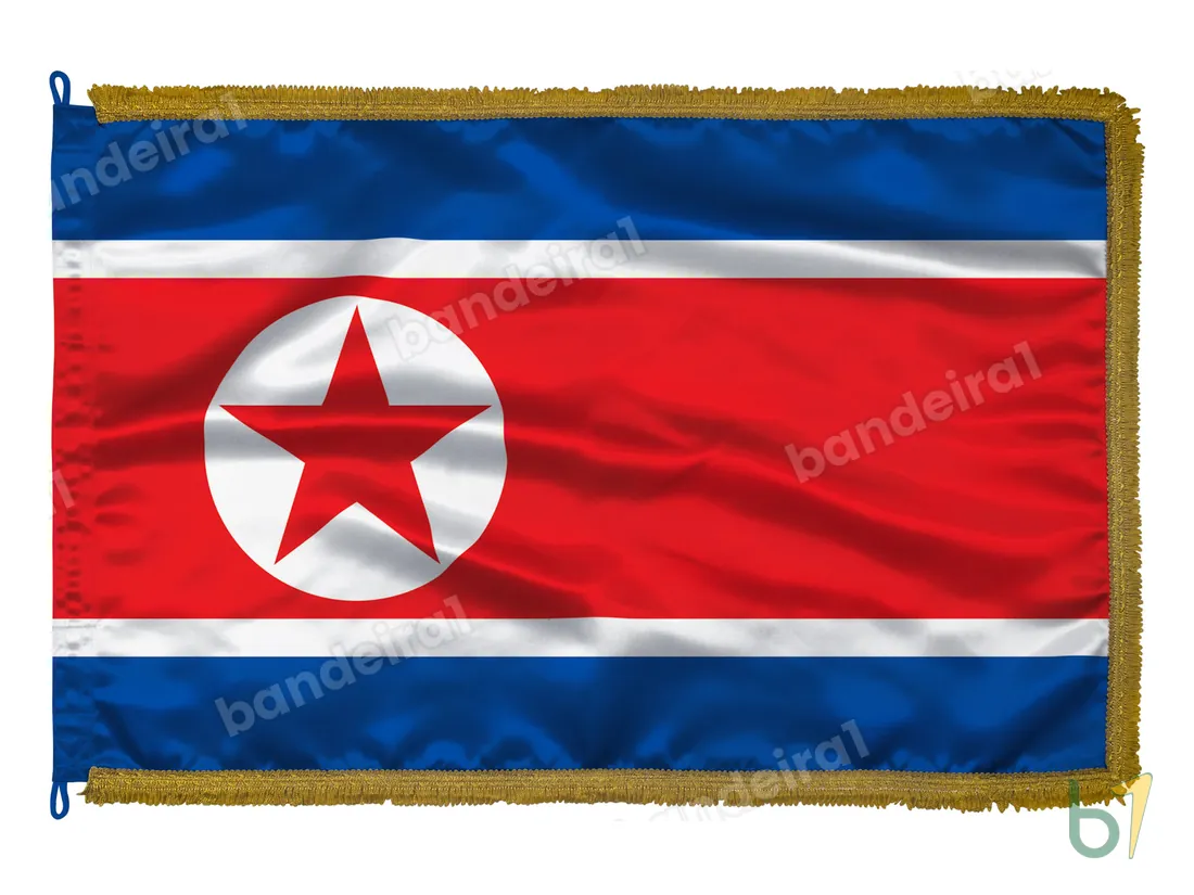 Bandeira da Coreia do Norte — cetim com franja ouro velho