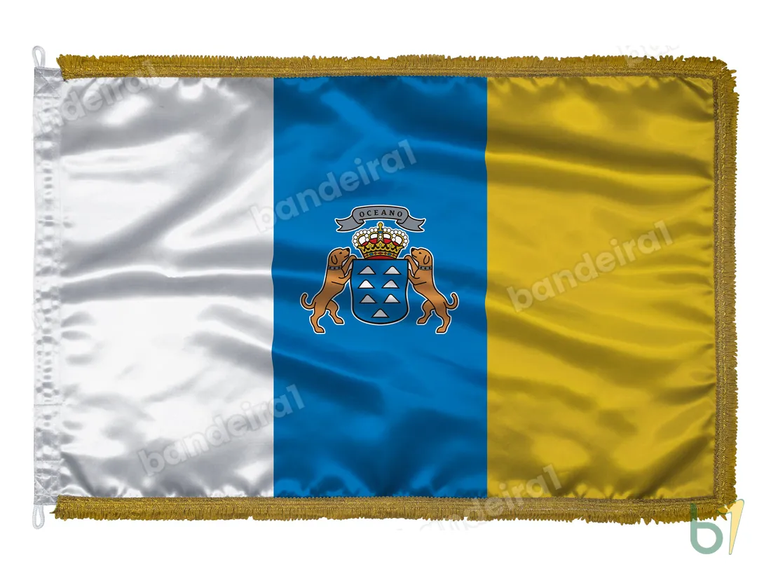 Bandeira das Ilhas Canárias com Brasão — cetim com franja ouro velho