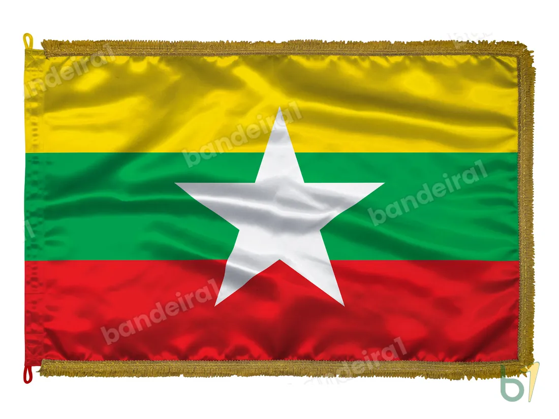 Bandeira de Myanmar — cetim com franja ouro velho