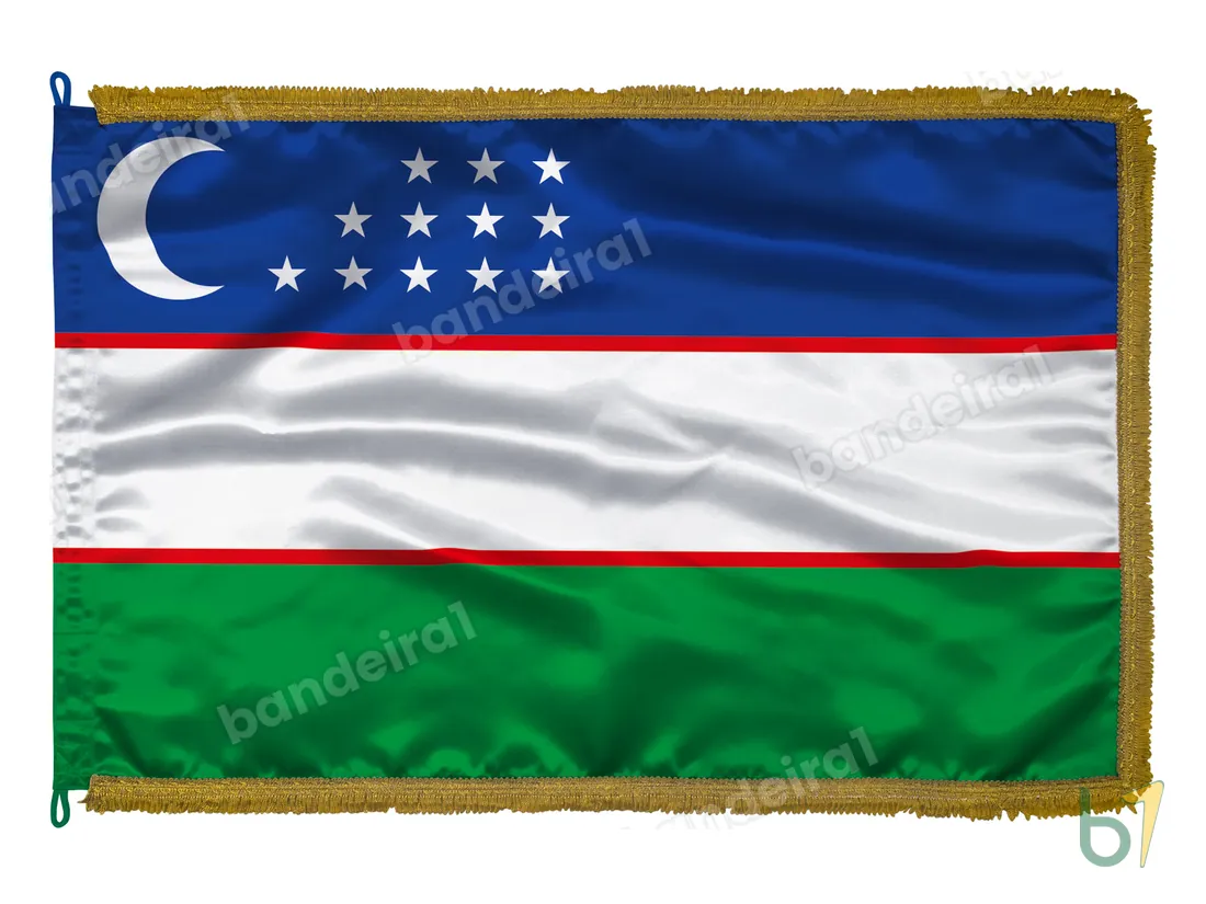 Bandeira do Uzbequistão — cetim com franja ouro velho